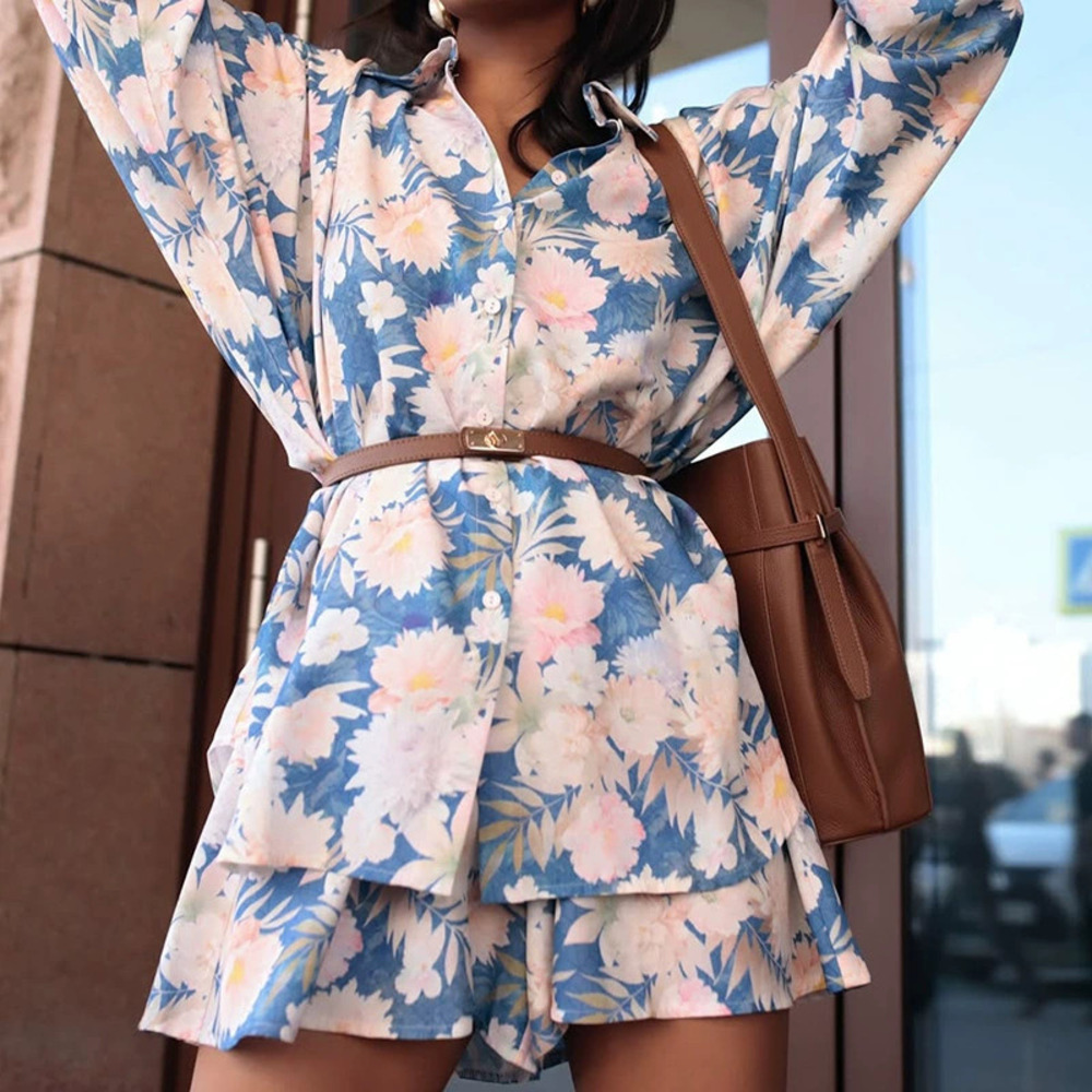 ZARA Women Blue Floral Print Long Sleeve Shirt Shorts Two Piece Vacation Set